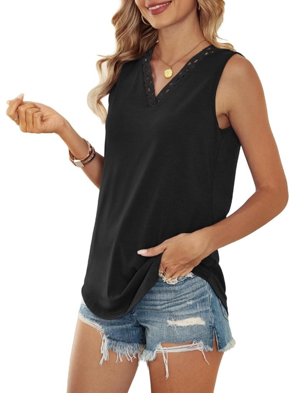 Women's Black Lace V Neck Summer Loose Fit Sleeveless Shirts Casual Tank Top